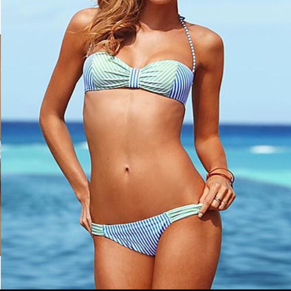 VS blue and green striped bandeau Bikini, Sz M EUC
